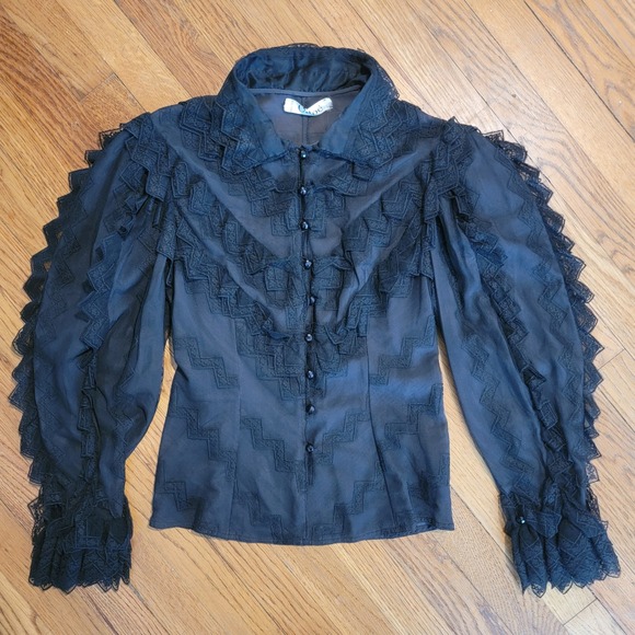 Chloé Vintage Black Lace‎ Blouse XS Sheer Ruffle Victorian Romantic - Picture 3 of 9